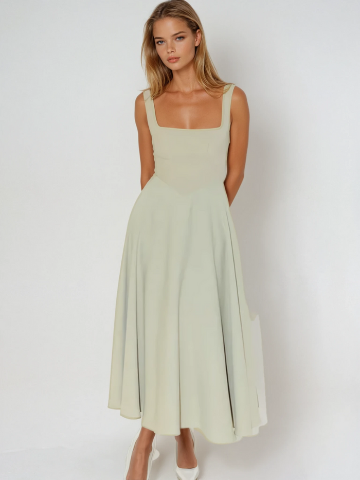 Women's Square-Neck A-Line Midi Dress with Pockets and Full Skirt - Maisie London
