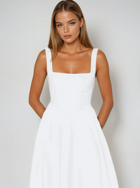 Women's Square-Neck A-Line Midi Dress with Pockets and Full Skirt - Maisie London