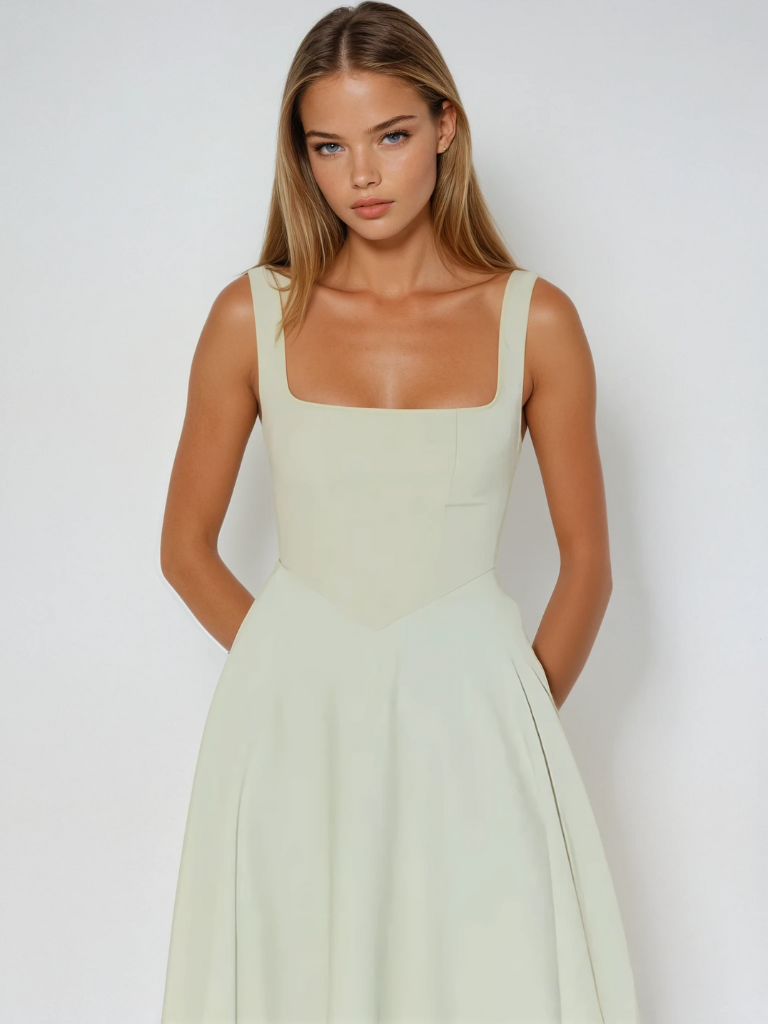Women's Square-Neck A-Line Midi Dress with Pockets and Full Skirt - Maisie London