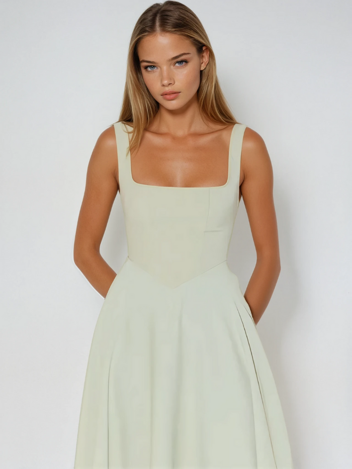 Women's Square-Neck A-Line Midi Dress with Pockets and Full Skirt - Maisie London