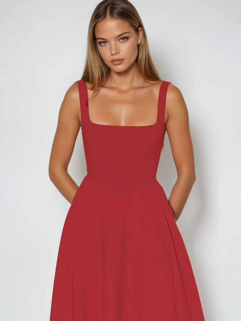 Women's Square-Neck A-Line Midi Dress with Pockets and Full Skirt - Maisie London