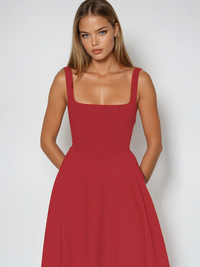 Women's Square-Neck A-Line Midi Dress with Pockets and Full Skirt - Maisie London