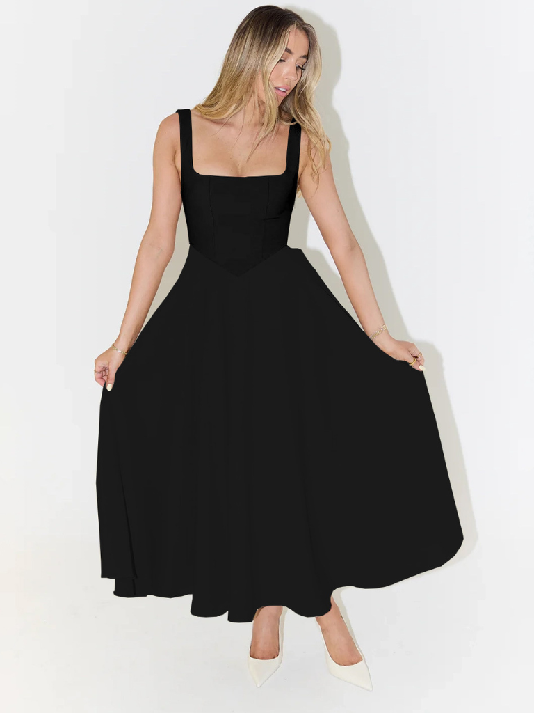Women's Square-Neck A-Line Midi Dress with Pockets and Full Skirt - Maisie London