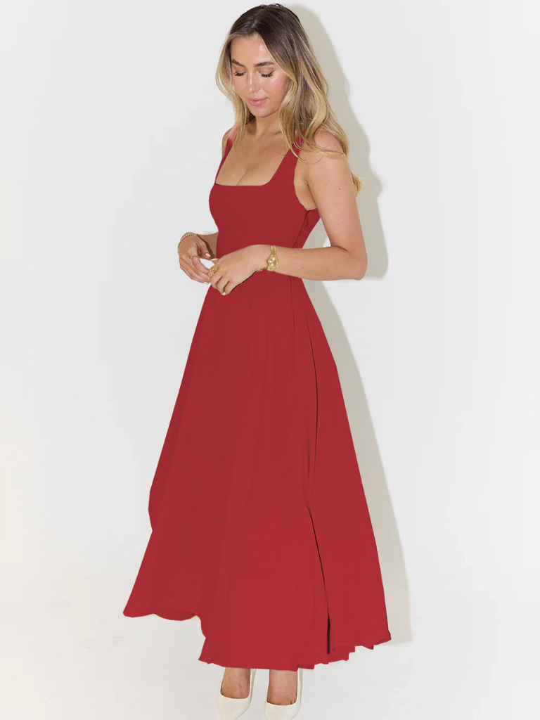 Women's Square-Neck A-Line Midi Dress with Pockets and Full Skirt - Maisie London