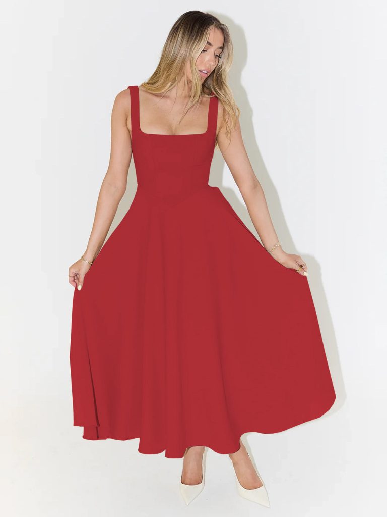 Women's Square-Neck A-Line Midi Dress with Pockets and Full Skirt - Maisie London