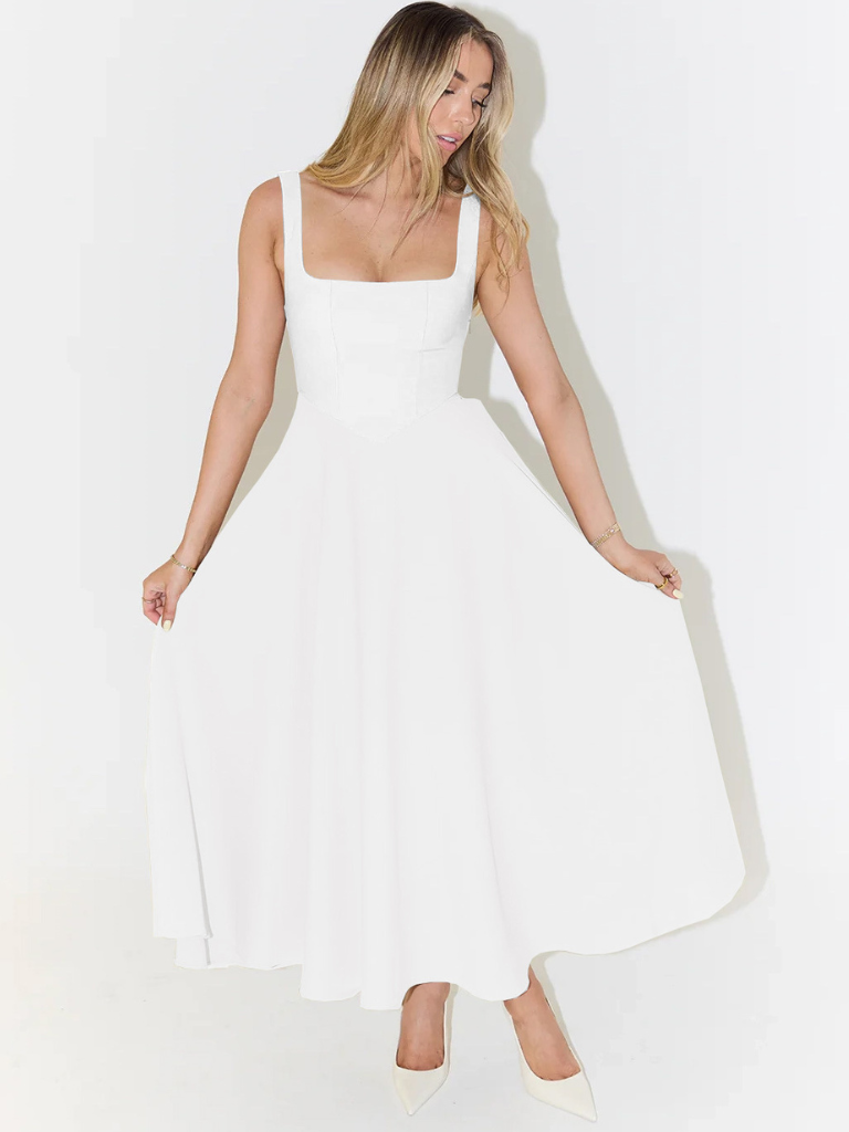Women's Square-Neck A-Line Midi Dress with Pockets and Full Skirt - Maisie London