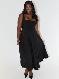 Women's Square-Neck A-Line Midi Dress with Pockets and Full Skirt - Maisie London