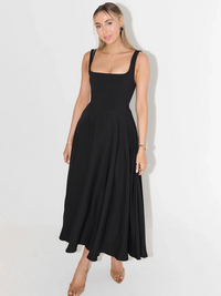Women's Square-Neck A-Line Midi Dress with Pockets and Full Skirt - Maisie London