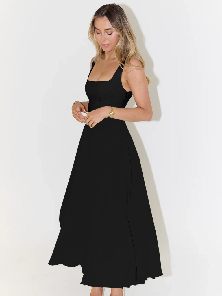 Women's Square-Neck A-Line Midi Dress with Pockets and Full Skirt - Maisie London