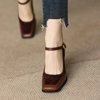 Women's Square Toe Block Heels with Ankle Strap and Brogue Detail - Maisie London