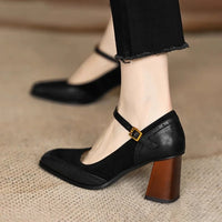 Women's Square Toe Block Heels with Ankle Strap and Brogue Detail - Maisie London