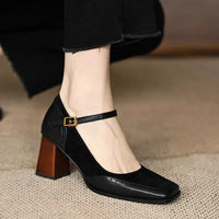 Women's Square Toe Block Heels with Ankle Strap and Brogue Detail - Maisie London