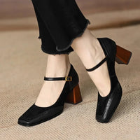 Women's Square Toe Block Heels with Ankle Strap and Brogue Detail - Maisie London