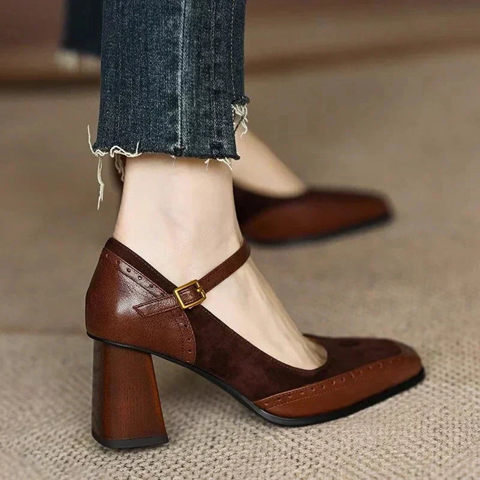 Women's Square Toe Block Heels with Ankle Strap and Brogue Detail - Maisie London