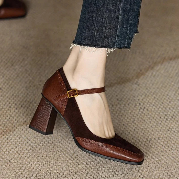 Women's Square Toe Block Heels with Ankle Strap and Brogue Detail - Maisie London