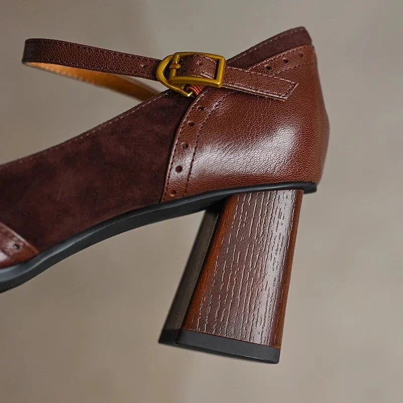 Women's Square Toe Block Heels with Ankle Strap and Brogue Detail - Maisie London