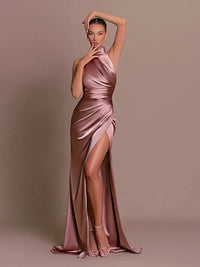 Women's Satin Halterneck Maxi Dress with High Split and Ruched Waist - Maisie London