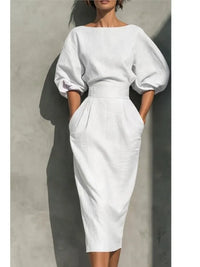 Women's Linen-Look Midi Dress with Puff Sleeves and Belted Waist - Maisie London
