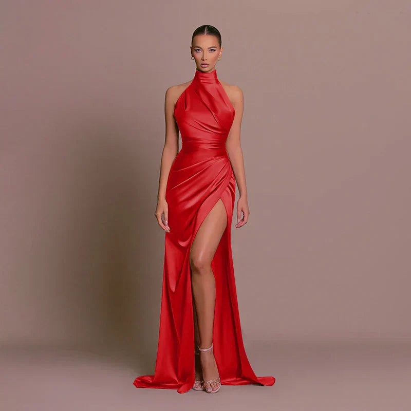 Women's Satin Halterneck Maxi Dress with High Split and Ruched Waist - Maisie London