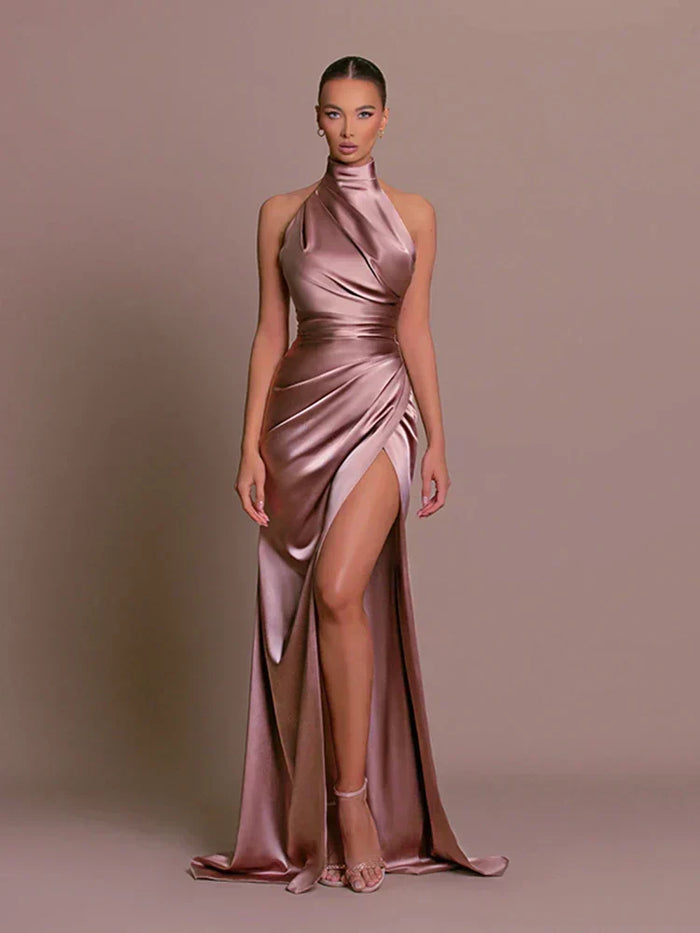 Women's Satin Halterneck Maxi Dress with High Split and Ruched Waist - Maisie London