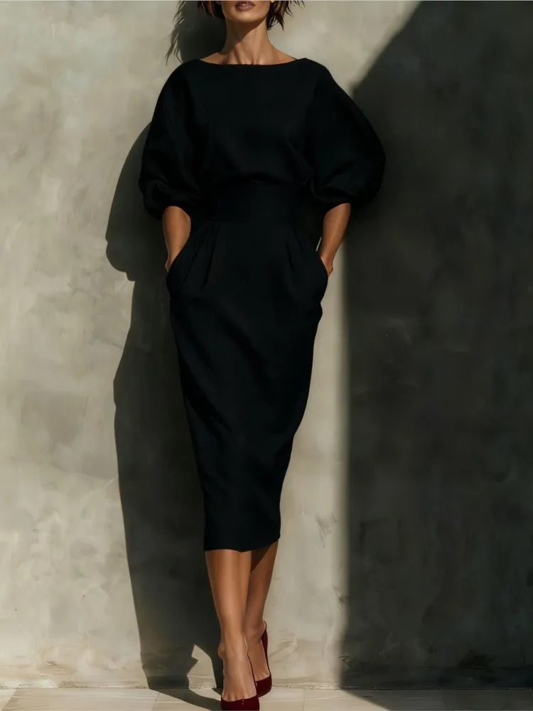 Women's Linen-Look Midi Dress with Puff Sleeves and Belted Waist - Maisie London