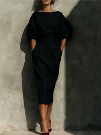 Women's Linen-Look Midi Dress with Puff Sleeves and Belted Waist - Maisie London