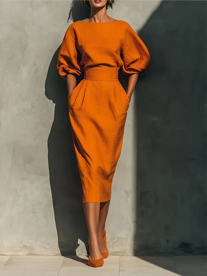 Women's Linen-Look Midi Dress with Puff Sleeves and Belted Waist - Maisie London