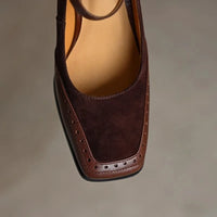 Women's Square Toe Block Heels with Ankle Strap and Brogue Detail - Maisie London