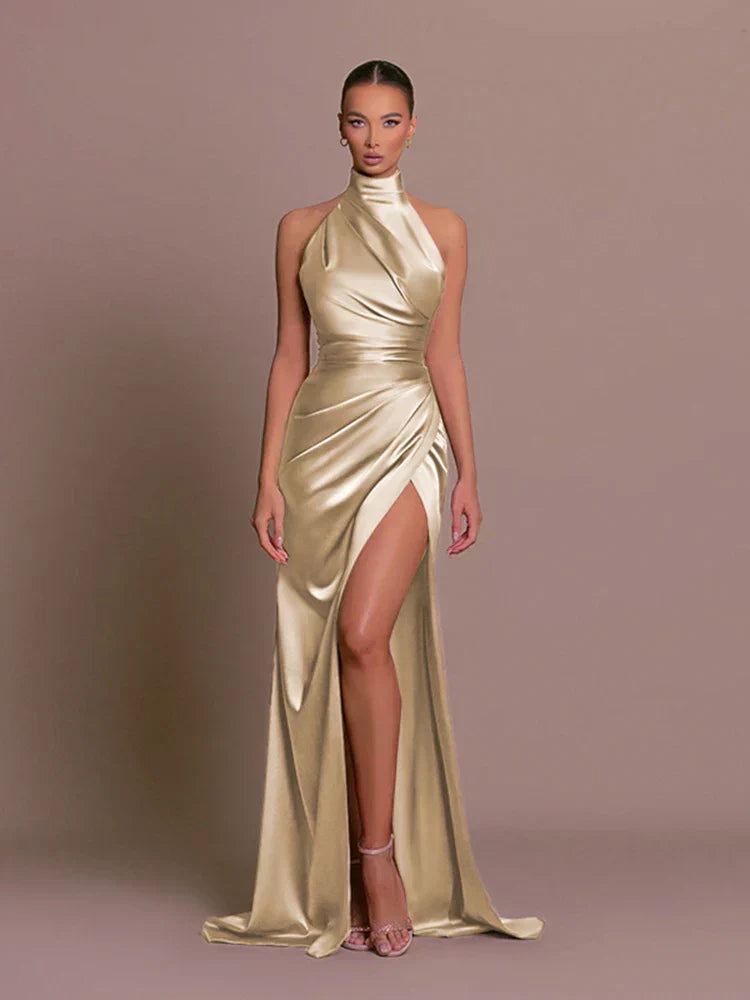 Women's Satin Halterneck Maxi Dress with High Split and Ruched Waist - Maisie London