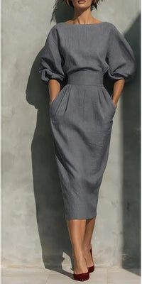 Women's Linen-Look Midi Dress with Puff Sleeves and Belted Waist - Maisie London