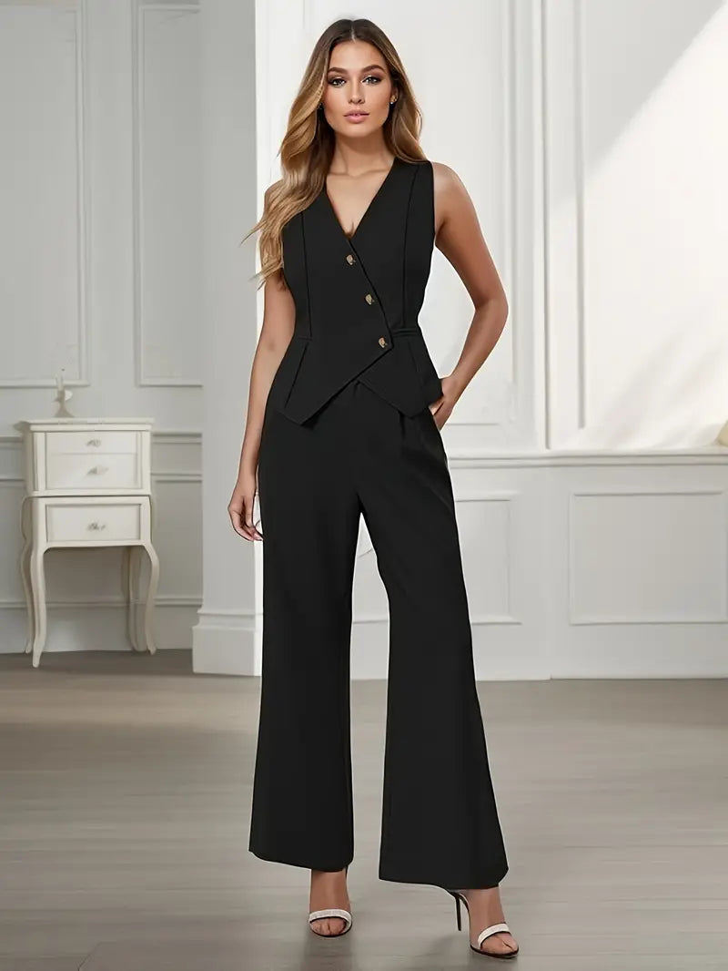 Women's Sleeveless Waistcoat and Wide-Leg Trouser Co-ord Set - Maisie London