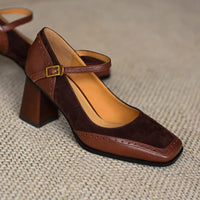 Women's Square Toe Block Heels with Ankle Strap and Brogue Detail - Maisie London