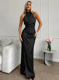 Women's Satin Halterneck Maxi Dress with Front Split and Ruched Waist - Maisie London