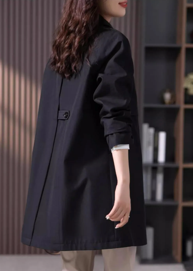 Women's Black Short Trench Coat with Button-Front and Point Collar - Maisie London