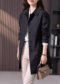 Women's Black Short Trench Coat with Button-Front and Point Collar - Maisie London