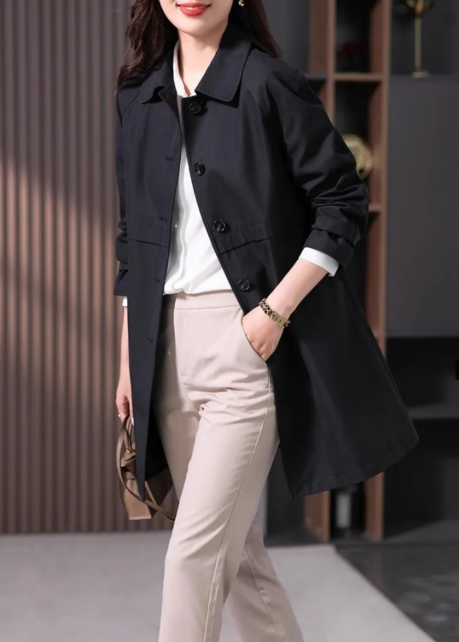 Women's Black Short Trench Coat with Button-Front and Point Collar - Maisie London
