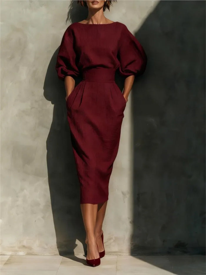 Women's Linen-Look Midi Dress with Puff Sleeves and Belted Waist - Maisie London