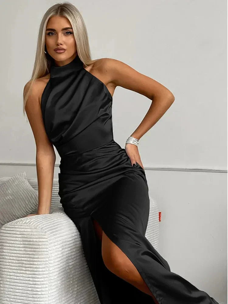 Women's Satin Halterneck Maxi Dress with Front Split and Ruched Waist - Maisie London