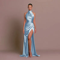 Women's Satin Halterneck Maxi Dress with High Split and Ruched Waist - Maisie London