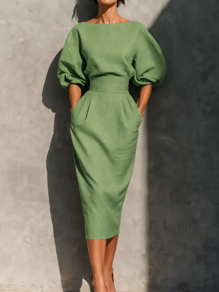 Women's Linen-Look Midi Dress with Puff Sleeves and Belted Waist - Maisie London