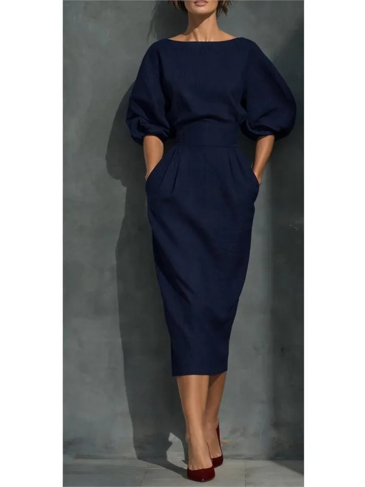 Women's Linen-Look Midi Dress with Puff Sleeves and Belted Waist - Maisie London