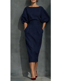 Women's Linen-Look Midi Dress with Puff Sleeves and Belted Waist - Maisie London