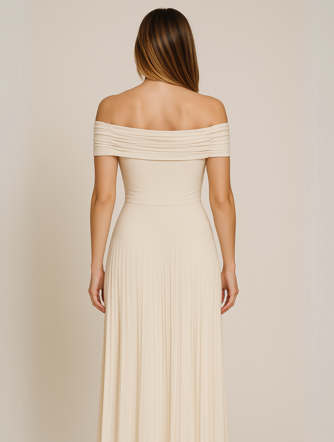 Women's Off-Shoulder Pleated Maxi Dress with Fitted Jersey Bodice - Maisie London