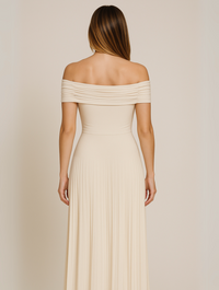Women's Off-Shoulder Pleated Maxi Dress with Fitted Jersey Bodice - Maisie London