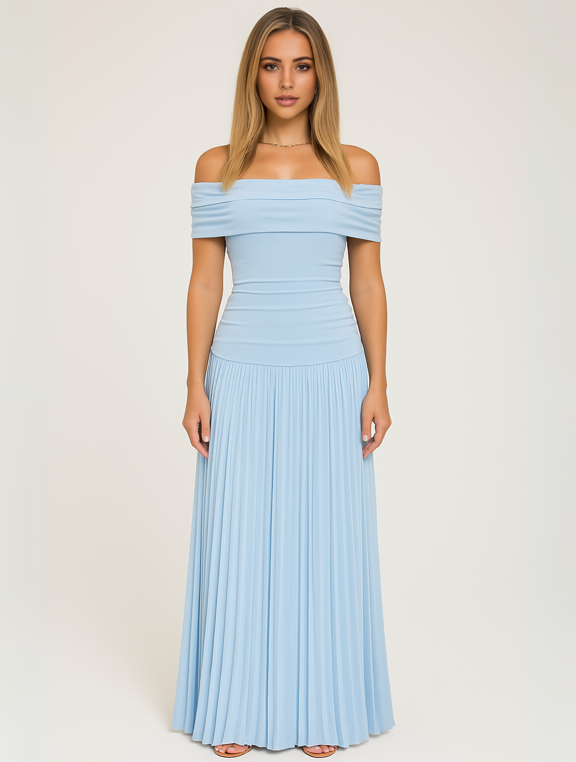 Women's Off-Shoulder Pleated Maxi Dress with Fitted Jersey Bodice - Maisie London