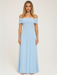 Women's Off-Shoulder Pleated Maxi Dress with Fitted Jersey Bodice - Maisie London