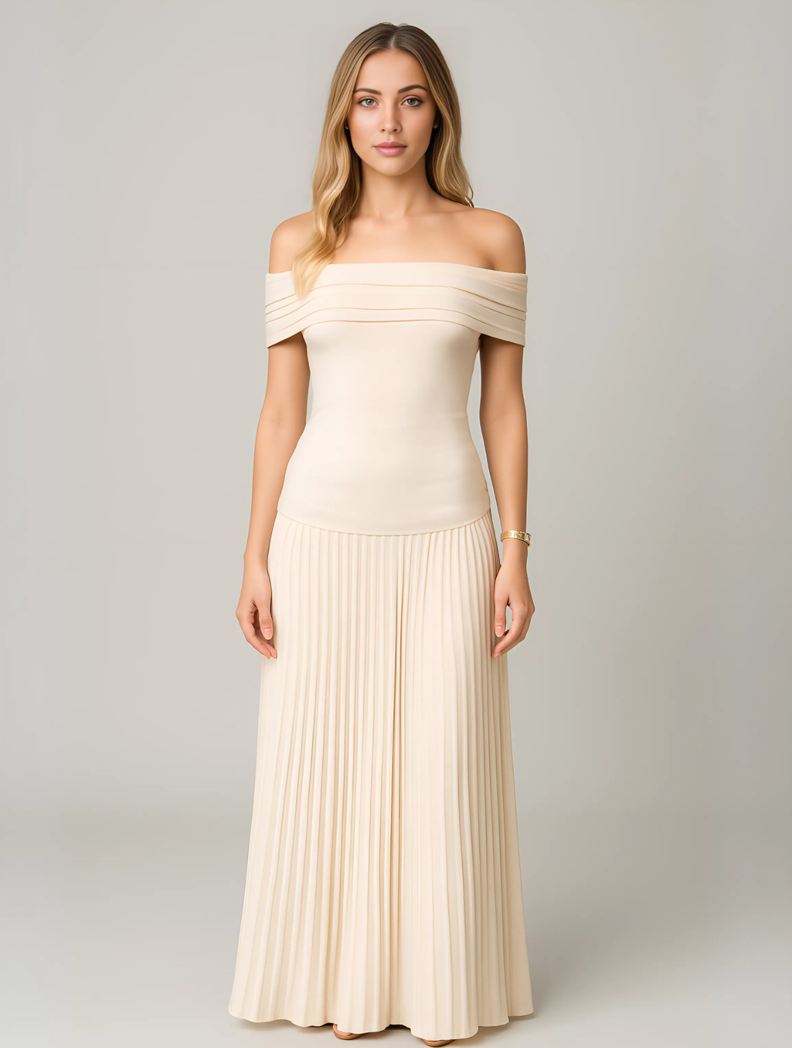Women's Off-Shoulder Pleated Maxi Dress with Fitted Jersey Bodice - Maisie London