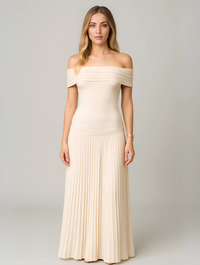Women's Off-Shoulder Pleated Maxi Dress with Fitted Jersey Bodice - Maisie London