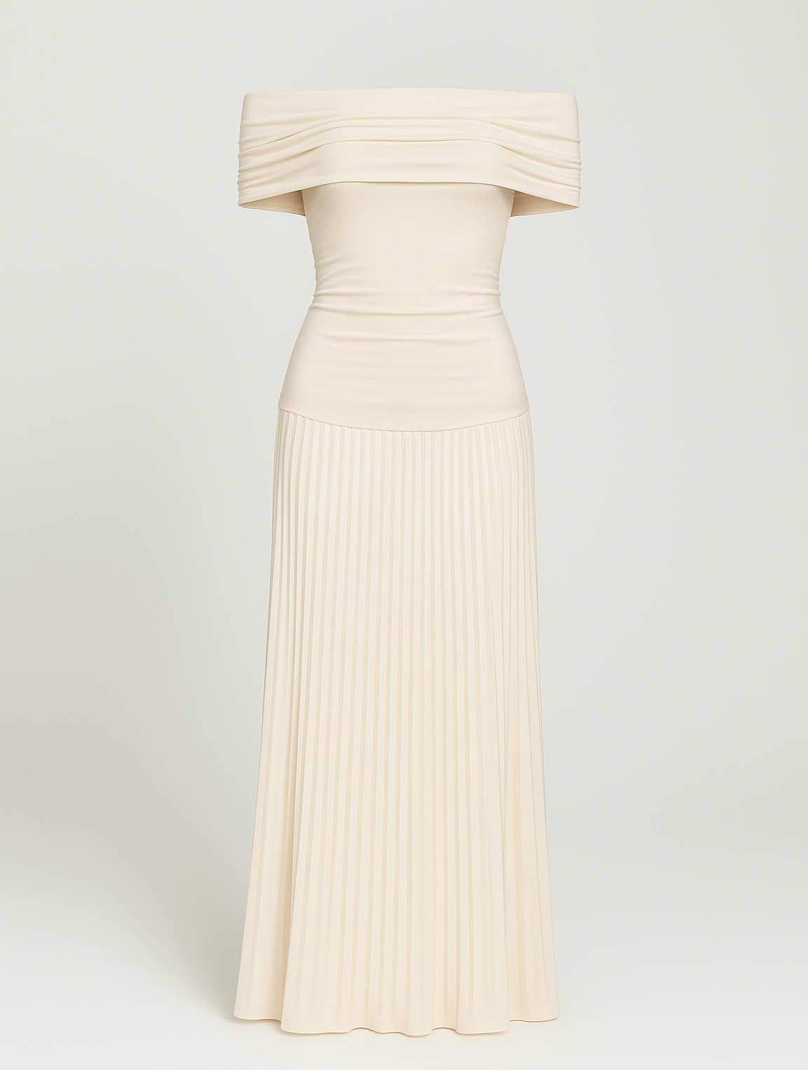 Women's Off-Shoulder Pleated Maxi Dress with Fitted Jersey Bodice - Maisie London