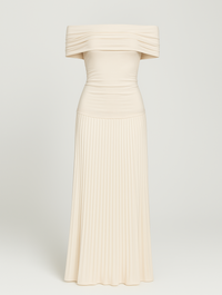 Women's Off-Shoulder Pleated Maxi Dress with Fitted Jersey Bodice - Maisie London